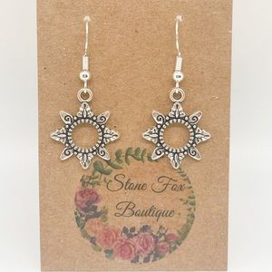 .925 Sterling Silver Hook Wire Earrings with Aztec Sun Novelty Charms.
